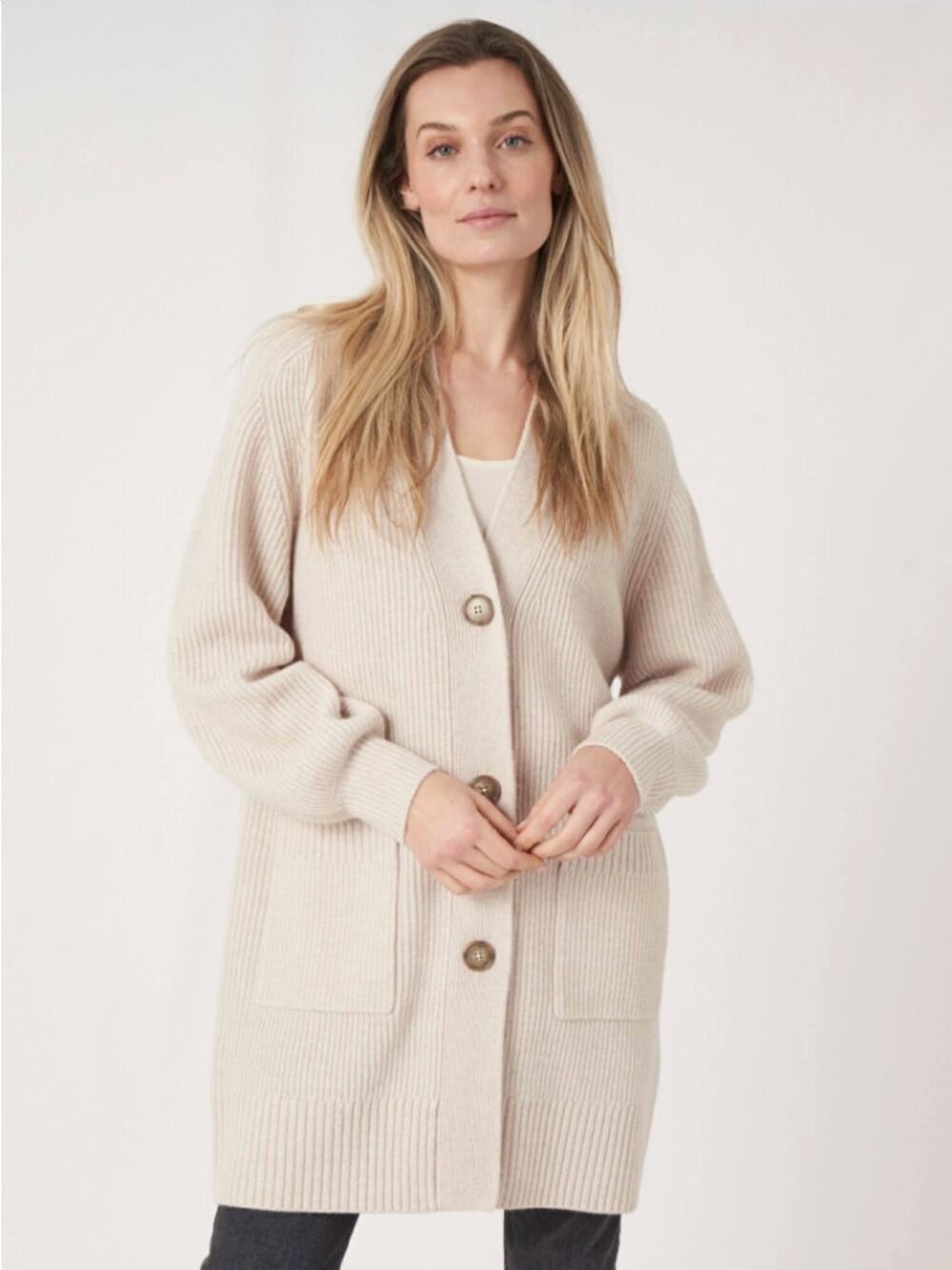 Repeat Cashmere Mid-Length Rib Knit Cardigan With Pockets in Moondust Medium